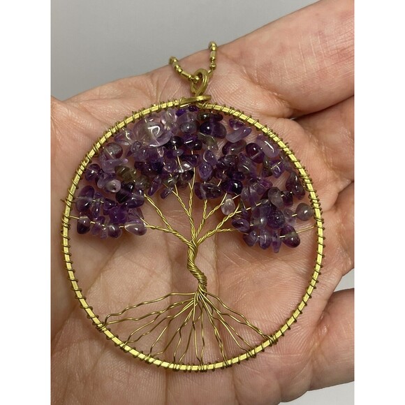 Tree Of Life Gold Tone Amethyst Pendant  Necklace & Matching Earrings New - Picture 8 of 9